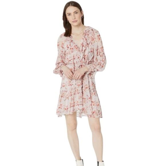All Saints Ava Momo Frill Floral Dress Puff Sleeves V-neckline NWT Size 10 - Picture 4 of 10